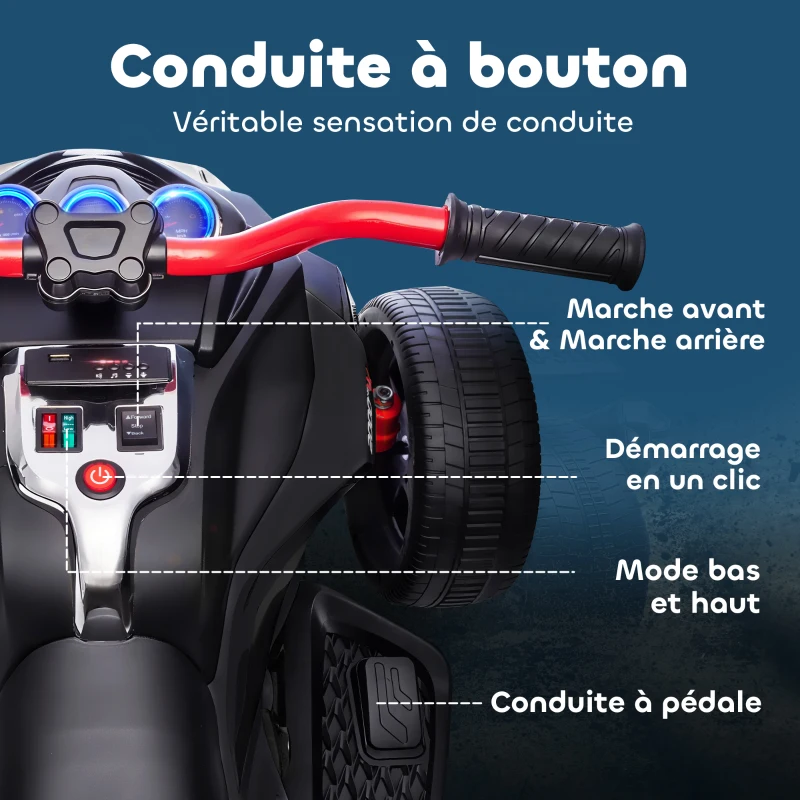 AIYAPLAY Quad électrique enfants voiture électrique enfants 12V 3 roues 2 moteurs lecteur MP3, klaxon, 2 vitesses 3-5 km/h noir