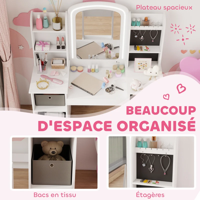 AIYAPLAY Coiffeuse pour enfants avec tabouret et miroir LED, table de maquillage pour 3 à 8 ans, 104 x 40 x 112 cm, blanc