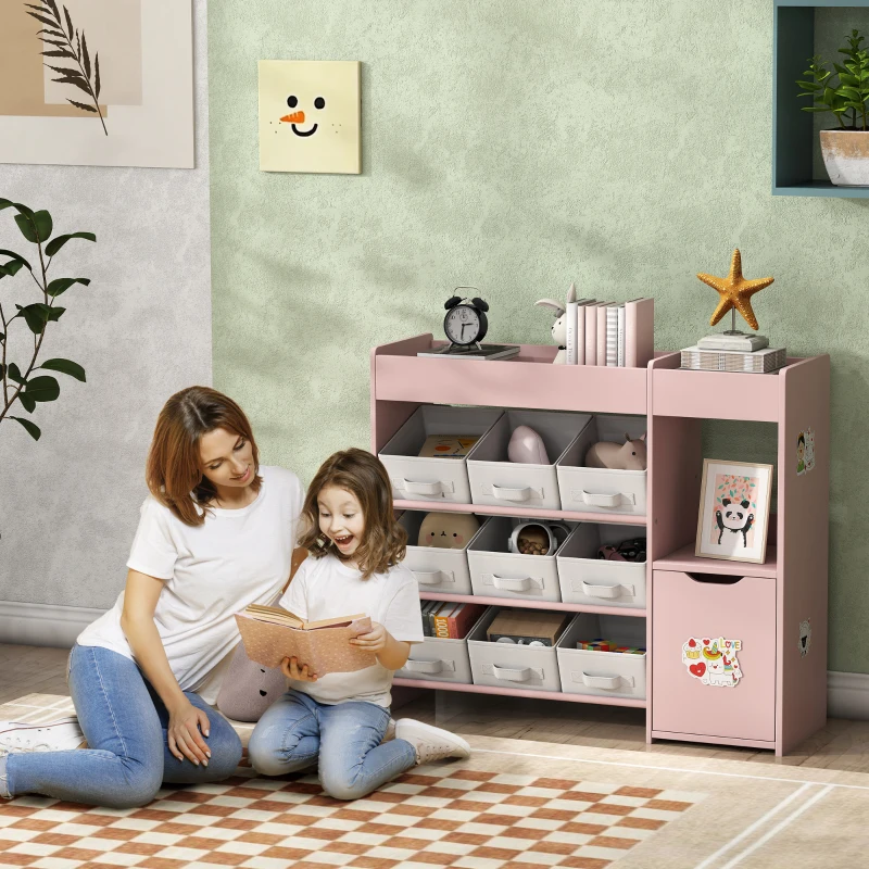 AIYAPLAY Meuble rangement enfant étagère de rangement pour jouets enfants avec 9 tiroirs en tissu et placard, rose