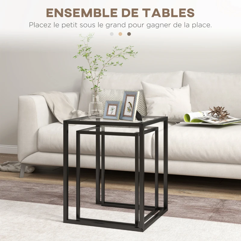 HOMCOM Lot de 2 tables basse gigogne, tables d'appoint empilable, plateau verre trempé cadre acier, patins antidérapants, noir