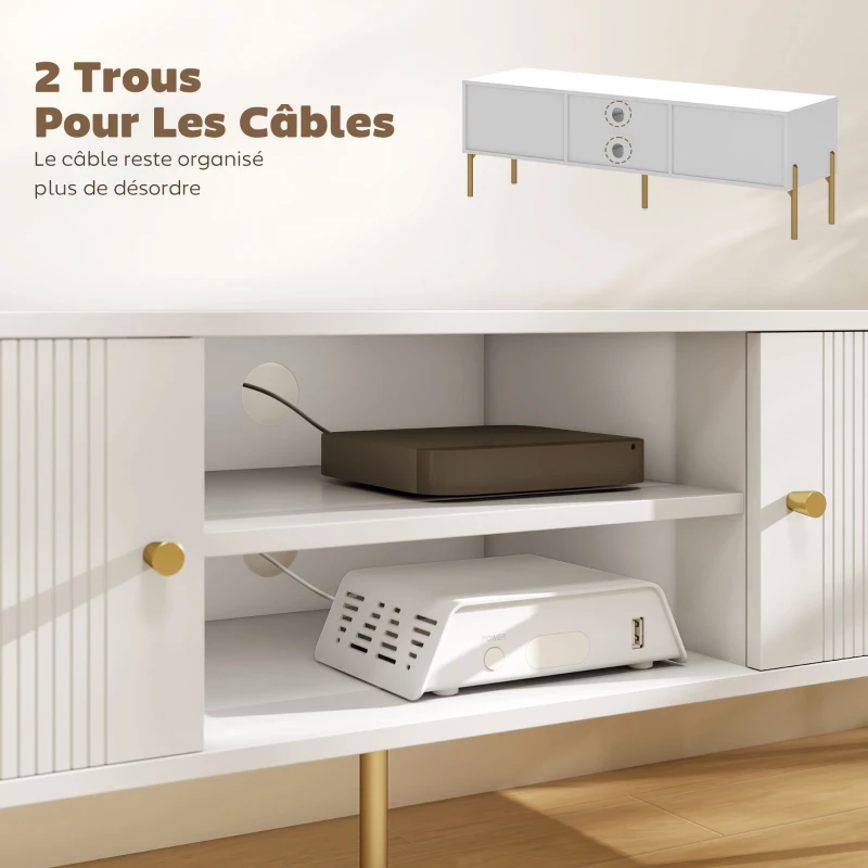 HOMCOM Meuble TV, meuble télé jusqu'à 65 pouces avec 2 portes, 2 compartiments ouverts, pieds en acier, 140x38x45,9cm, blanc