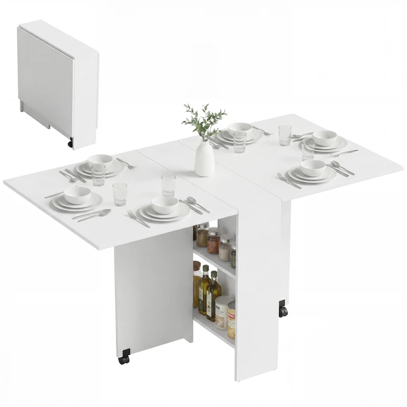 HOMCOM Mesa Plegable de Comedor con Ruedas Alas Abatibles y Estantes para 4-6 Personas 75x140x74 cm Blanco