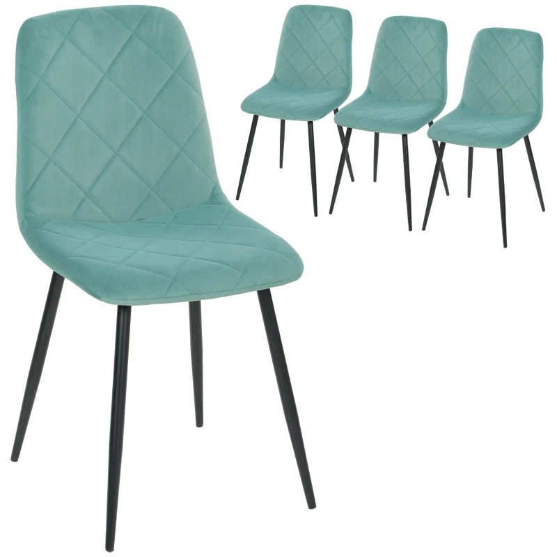 HOMCOM Lot de 4 chaises de salle à manger rembourrées avec dossier haut, pieds en acier et tissu effet velours, vert