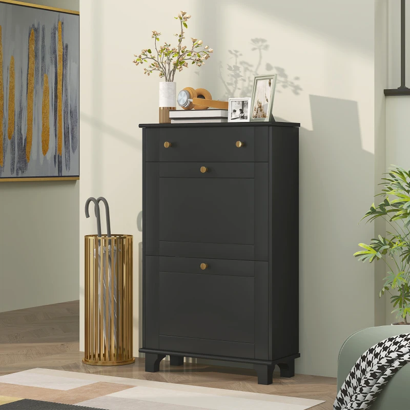 HOMCOM Meuble chaussure entrée étroit avec tiroirs à portes abattants et étagère réglable, 60 x 23,5 x 98,5 cm, noir(m-10)