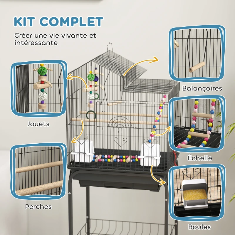 PawHut Cage à oiseaux sur roues 46 x 36 x 120 cm 2 mangeoires 2 perchoirs étagère cage pour perruche calopsitte conure pinson canaris