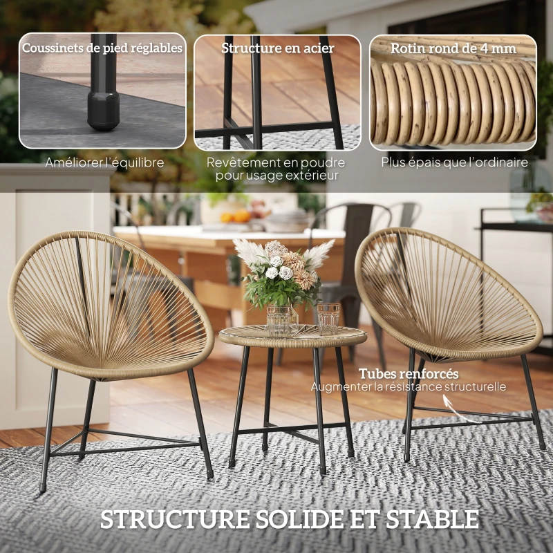 Outsunny Salon de jardin extérieur en résine tressée 2 personnes, plateau en verre trempé, pour balcon terrasse patio, naturel