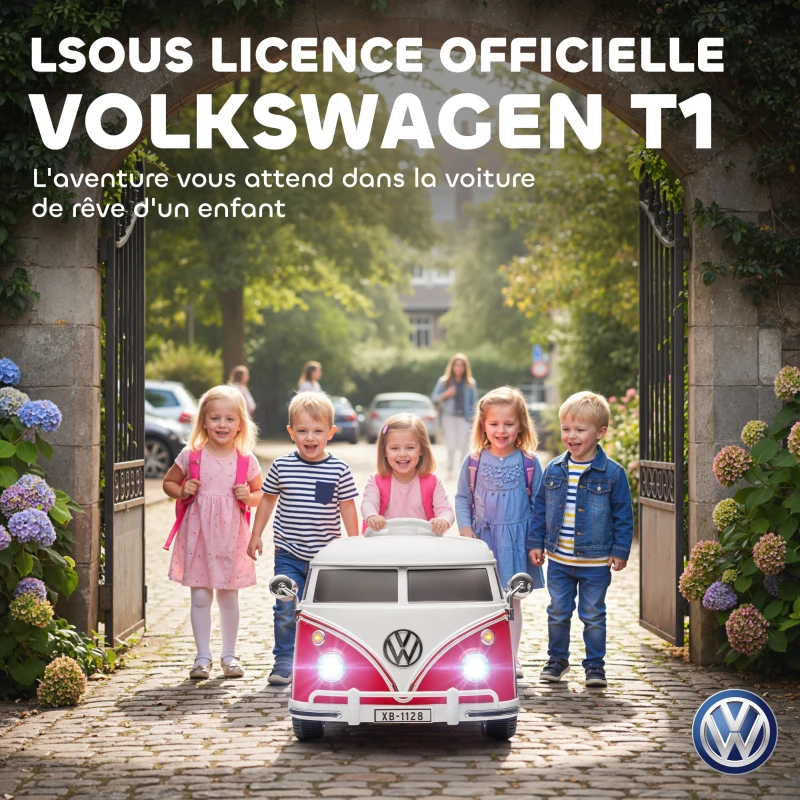 AIYAPLAY Voiture électrique enfant Volkswagen T1 sous licence officielle 12 V avec 2 moteurs démarrage doux 89x49x41,5cm rouge(m-4)