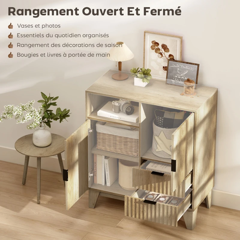 HOMCOM Buffet salon, meuble de rangement, 2 portes, 2 tiroirs, étagère réglable, compartiment ouvert, 80x40x90cm, bois naturel