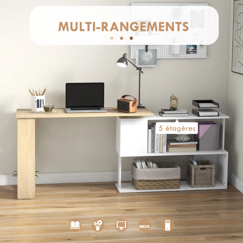 HOMCOM Bureau d'angle bureau informatique modulable bibliothèque intégrée + étagère 3 niveaux blanc et bois naturel