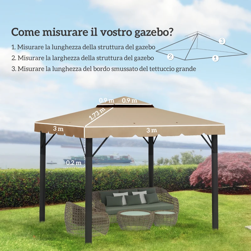 Outsunny Tetto per Gazebo 3x3 m a 2 Livelli con 8 Fori di Drenaggio in Poliestere Cachi