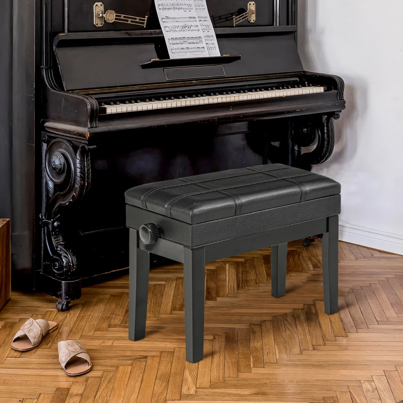 HOMCOM Banquette tabouret siège pour piano coffre intégré hauteur réglable bois hévéa assise revêtement synthétique noir