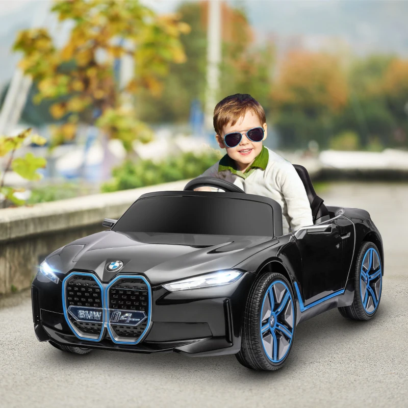 HOMCOM Voiture électrique pour enfants licence BMW I4 12V avec télécommande MP3 Musique Lumières et Ceinture 115x67x45 cm Noir