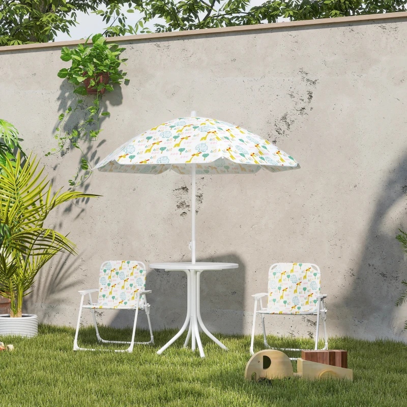 AIYAPLAY Ensemble salon de jardin extérieur enfant 4 pièces, motif éléphant et girafe, parasol réglable Ø 100 cm, chaise pliable