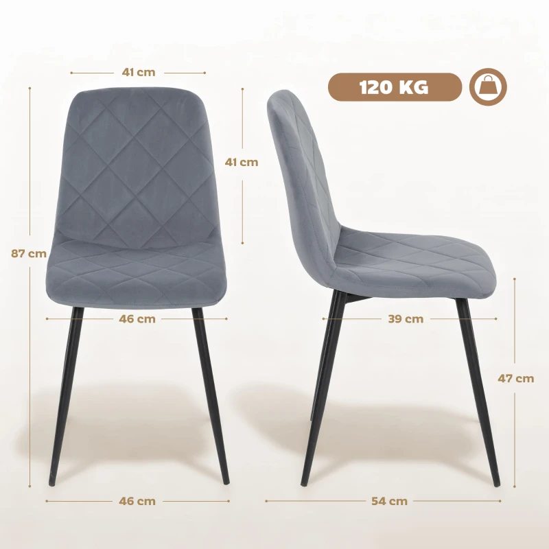 HOMCOM Lot de 4 chaises de salle à manger rembourrées avec dossier haut, pieds en acier et tissu effet velours, gris