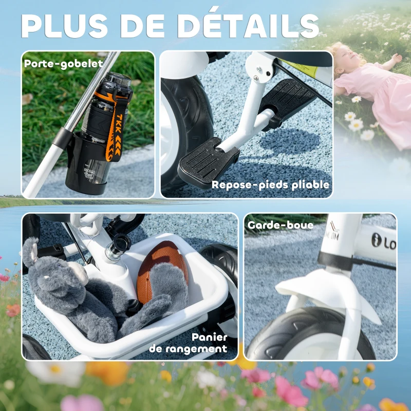 HOMCOM Tricycle Enfants Pare-Soleil Pliable Canne Amovible Benne Rangement 105 x 47 x 98 cm Acier Blanc et Noir