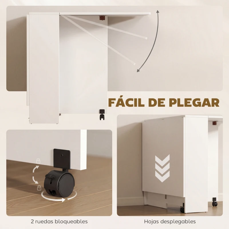 HOMCOM Mesa Plegable de Comedor con Ruedas Alas Abatibles y Estantes para 4-6 Personas 75x140x74 cm Blanco