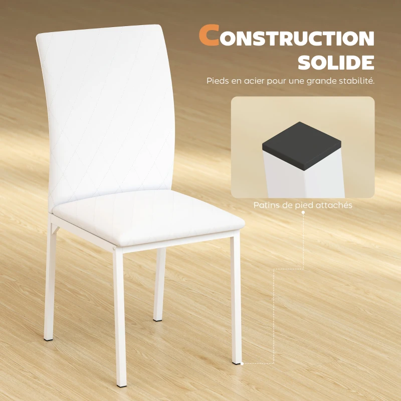 HOMCOM Lot de 4 chaises de salle à manger, chaises de cuisine, capitonnage rhombique et pieds en métal, 41x50x91cm, blanc