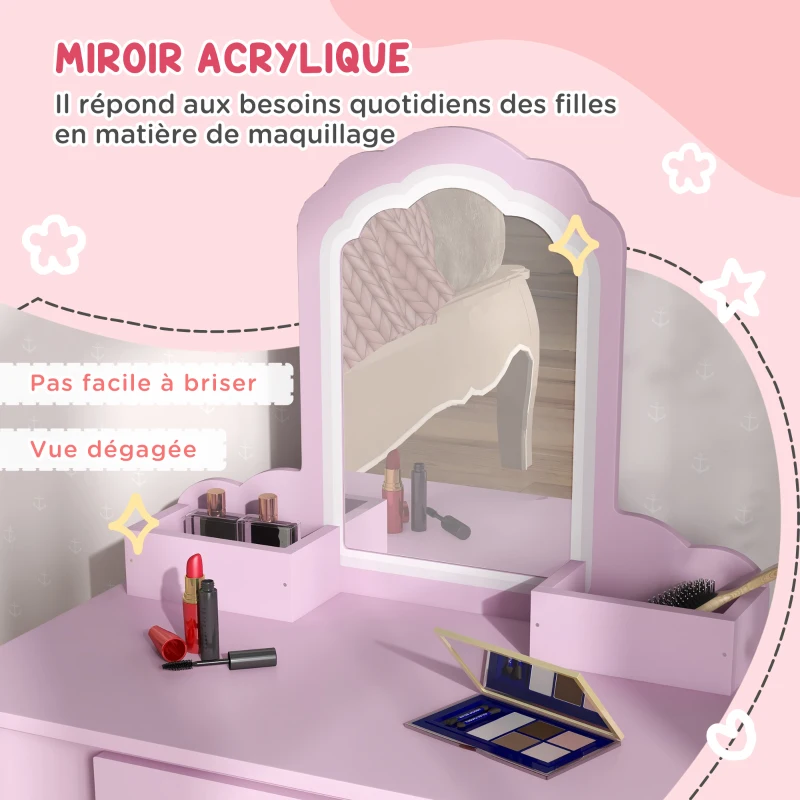 ZONEKIZ Coiffeuse pour enfant avec tabouret et miroir, table de maquillage avec tiroir et 2 compartiments, 55x36x86cm, rose