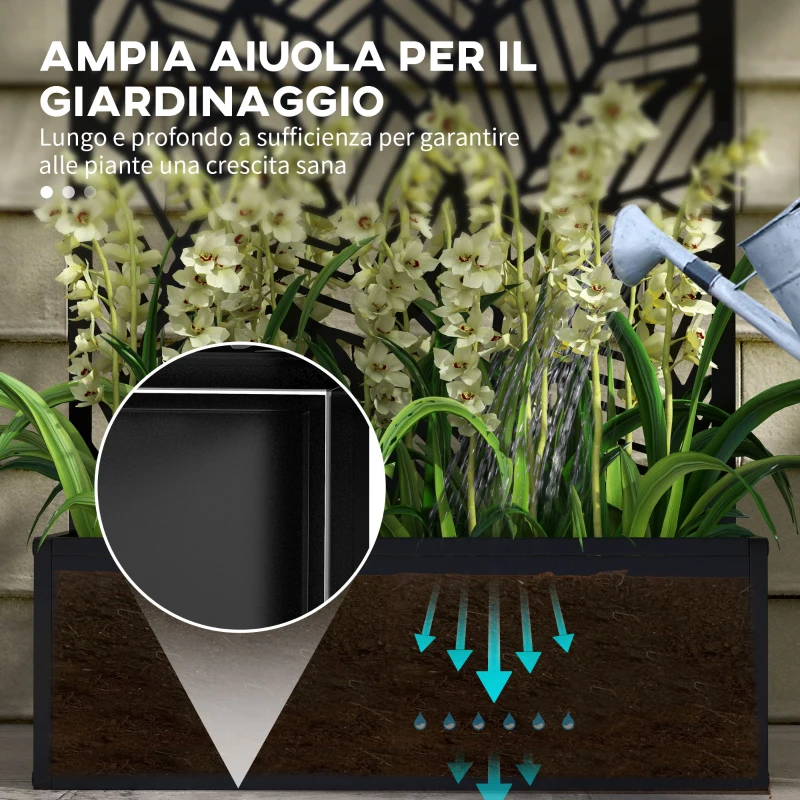 Outsunny Fioriera Rialzata con Spalliera Decorativa per Rampicanti da Terra e Parete in Metallo, 61x23x113 cm, Nero