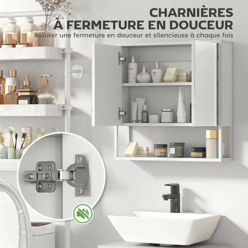 HOMCOM Armoire murale salle de bain avec miroir, meuble salle de bain, 2 portes miroir, étagère ouverte 60 x 16 x 60 cm blanc