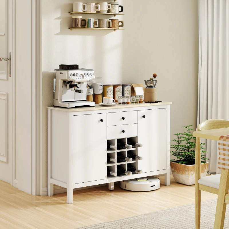 HOMCOM Buffet meuble de rangement avec 2 tiroirs, 2 portes étagères réglables et porte-bouteilles pour 9 bouteilles, blanc