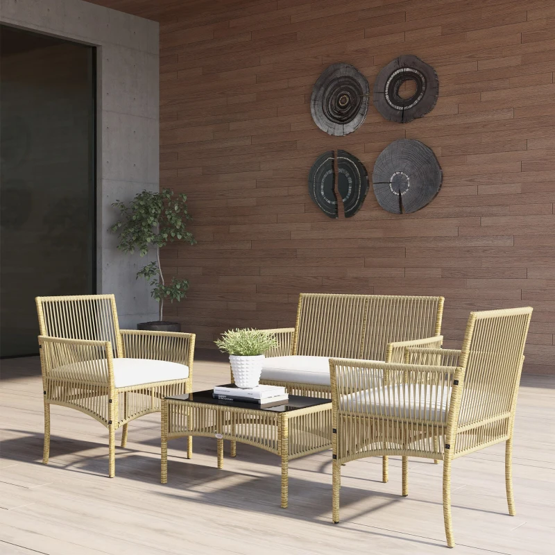 Outsunny Ensemble salon de jardin 4 pièces canapé 2 places 2 fauteuils 1 table basse plateau verre trempé