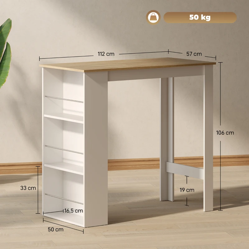 HOMCOM Mesa Alta Cozinha com 3 Prateleiras Mesa Bar para Cozinha e Sala de Jantar Branco 112x57x106 cm