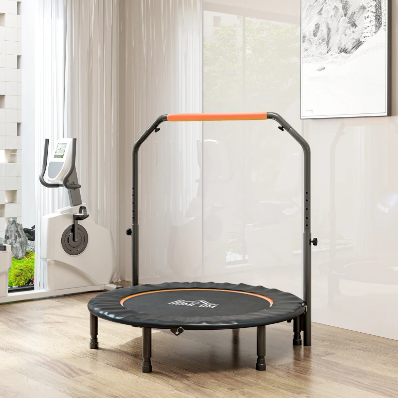 HOMCOM Mini Trampolino Fitness Ø114 cm Pieghevole con Manubrio Regolabile in Altezza, Arancione e Nero