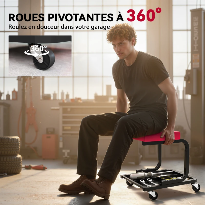 HOMCOM Tabouret de mécanicien tabouret d'atelier mobile charge 135 kg plateau outils roulettes inclus 36,5 x 33,5 x 35 cm rouge