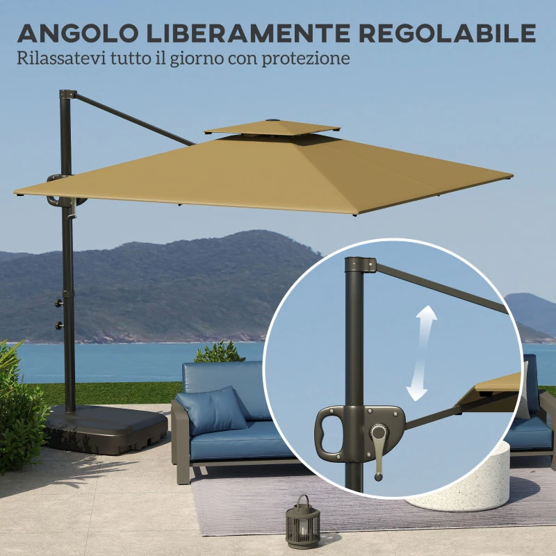 Outsunny Ombrellone a Braccio 2.5x2.5 m con Base Riempibile, Manovella e Testa Inclinabile, Cachi