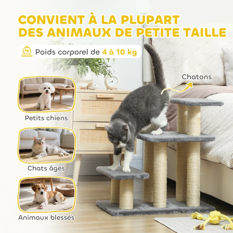 PawHut Escalier pour animaux domestiques réglable 3 marches échelle pour chat chien griffoirs en sisal balle 52x34,5x54cm gris
