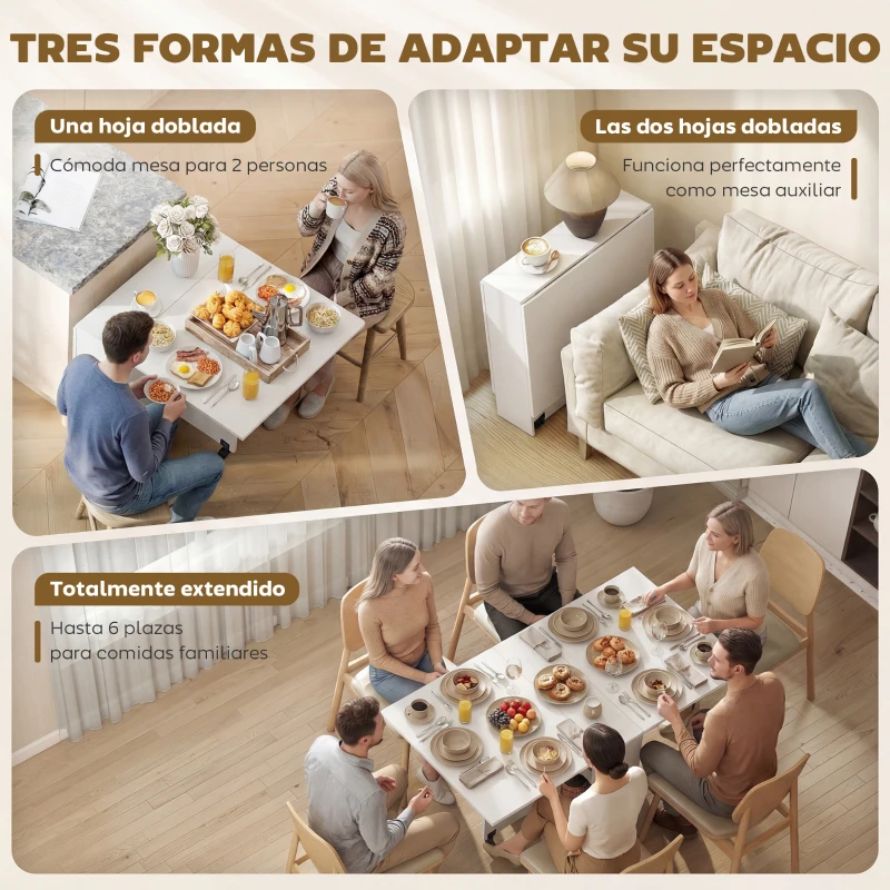 HOMCOM Mesa Plegable de Comedor con Ruedas Alas Abatibles y Estantes para 4-6 Personas 75x140x74 cm Blanco