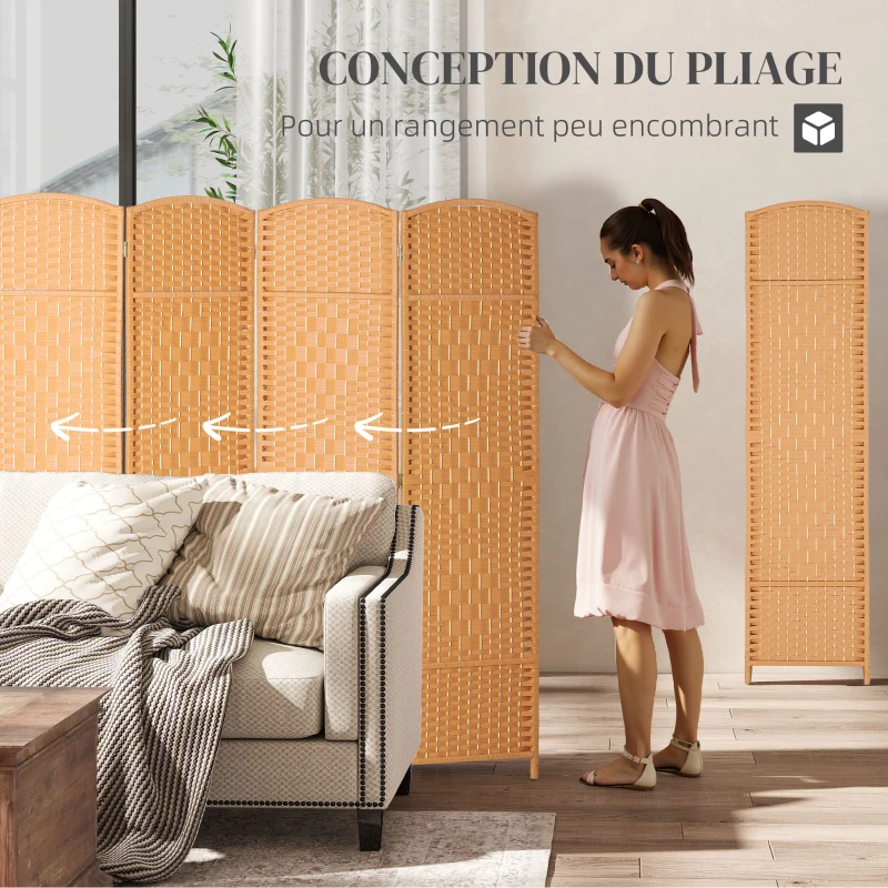HOMCOM Paravent intérieur en bois 4 panneaux séparateur de pièce pliable pour salon chambre 180 x 180 cm brun clair