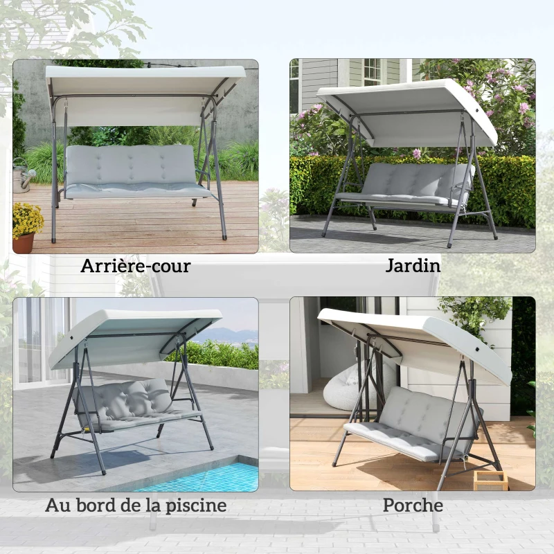 Outsunny Balancelle de Jardin 3 Places Grand Confort Toit Inclinaison réglable épais Coussins Amovibles Acier gris clair