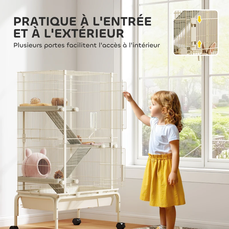PawHut Cage pour lapin enclos à 4 niveaux avec 2 portes 3 rampes plateau profond roulettes 69 x 44 x 120 cm beige