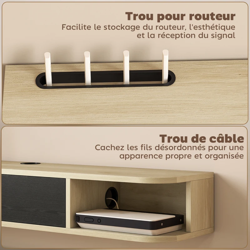 HOMCOM Meuble TV suspendu 120 cm, meuble télé pour téléviseur jusqu'à 50 pouces, tiroir rabattable 2 étagères 120x24x16cm noir