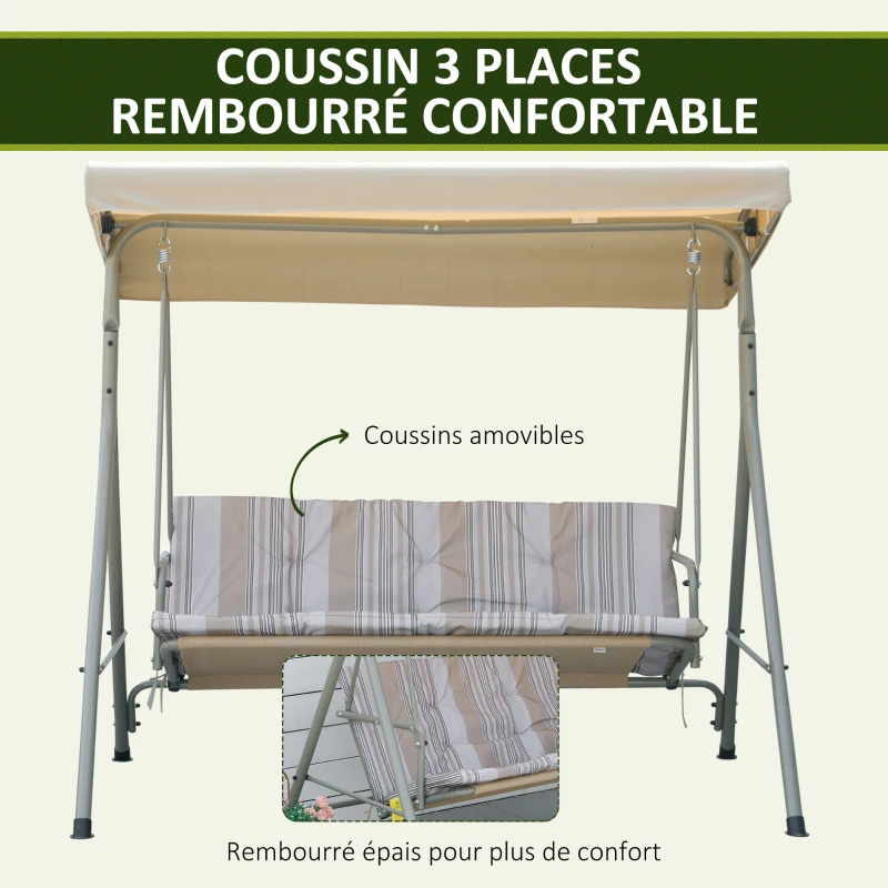 Outsunny Balancelle de Jardin 3 Places Grand Confort Toit Inclinaison réglable épais Coussins Amovibles Acier marron clair