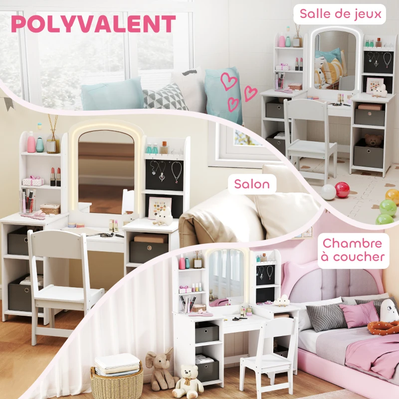 AIYAPLAY Coiffeuse pour enfants avec tabouret et miroir LED, table de maquillage pour 3 à 8 ans, 104 x 40 x 112 cm, blanc