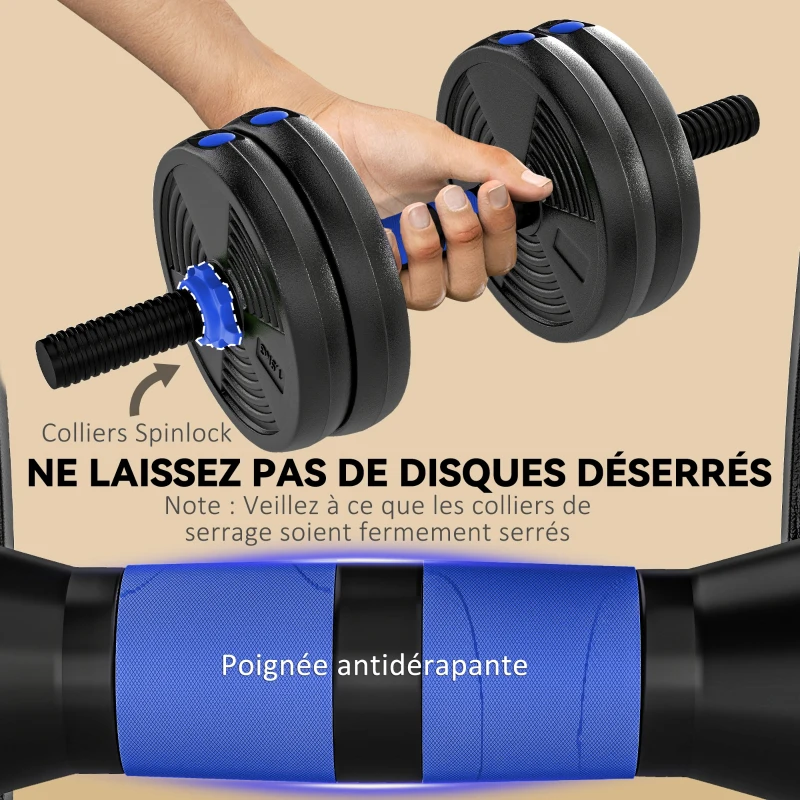 SPORTNOW Kit haltères musculation haltères réglables 15 kg 3 en 1, ensemble de poids réglable avec barre d'extension noir