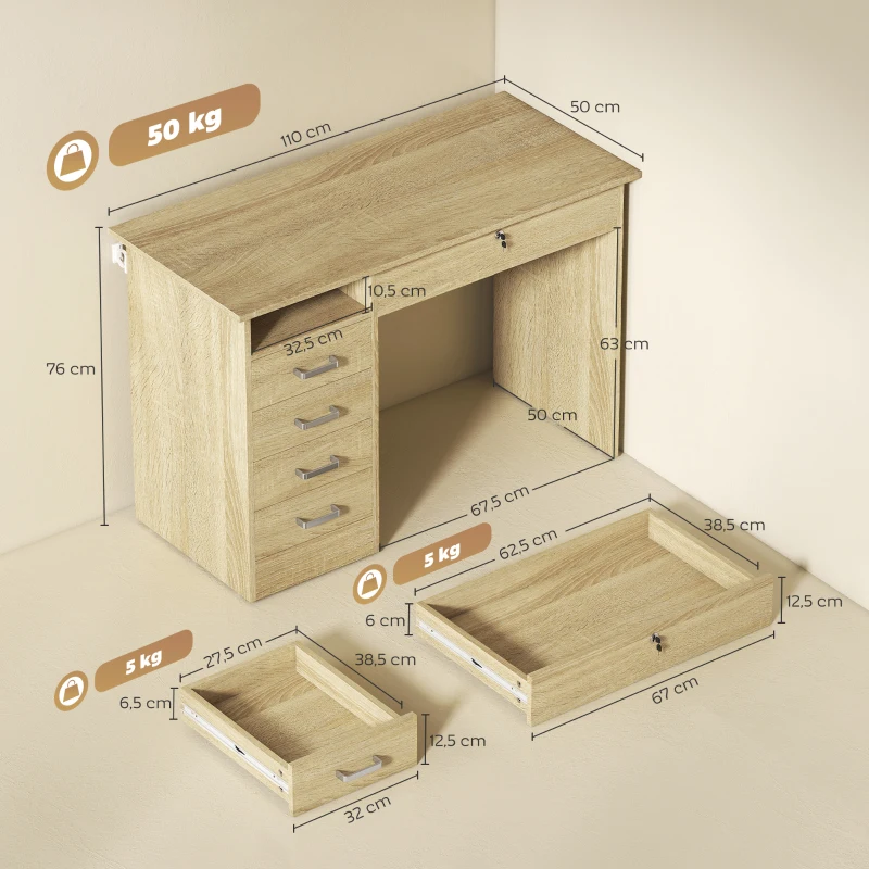 HOMCOM Bureau moderne avec 5 tiroirs, grand plateau, 1 compartiment ouvert, tiroir verrouillable, 110 x 50 x 76cm, chêne