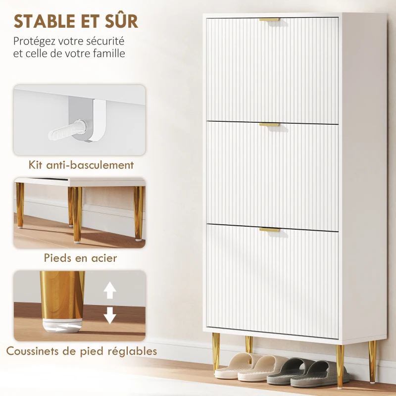 HOMCOM Meuble à chaussures 18 paires avec 3 tiroirs rabattables, portes cannelées et étagères réglables, 60x24x128cm, blanc