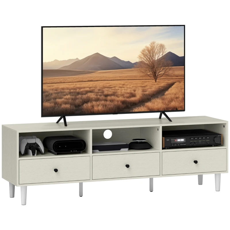 HOMCOM Meuble TV pour jusqu'à 75" avec 3 tiroirs, 3 étagères ouvertes et passe-câbles, 140 x 34 x 45 cm, crème