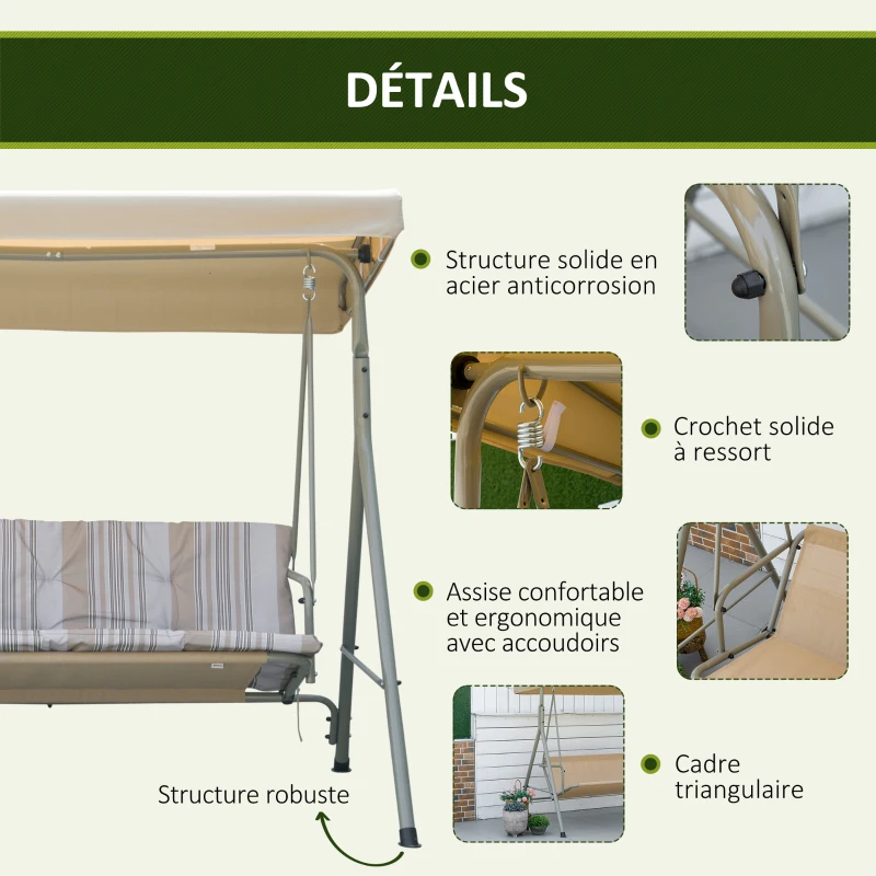 Outsunny Balancelle de Jardin 3 Places Grand Confort Toit Inclinaison réglable épais Coussins Amovibles Acier marron clair