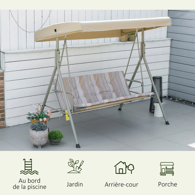 Outsunny Balancelle de Jardin 3 Places Grand Confort Toit Inclinaison réglable épais Coussins Amovibles Acier marron clair