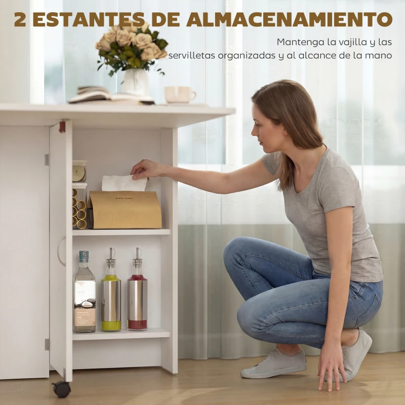 HOMCOM Mesa Plegable de Comedor con Ruedas Alas Abatibles y Estantes para 4-6 Personas 75x140x74 cm Blanco