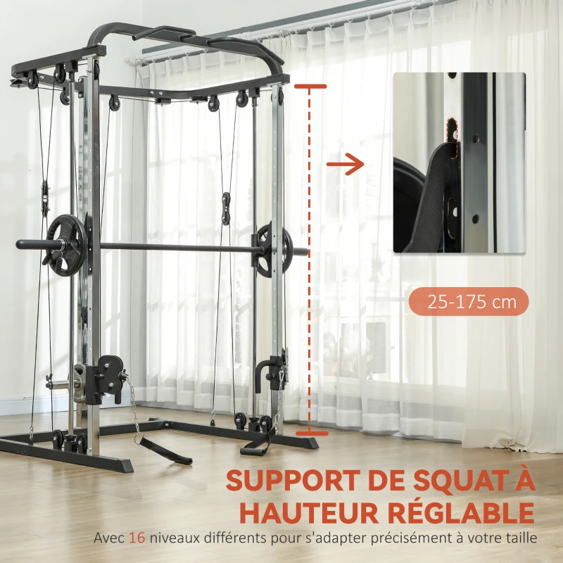 SPORTNOW Station de musculation station de traction à câble support à squat barre câble cross-over 210 x 132 x 225 cm noir
