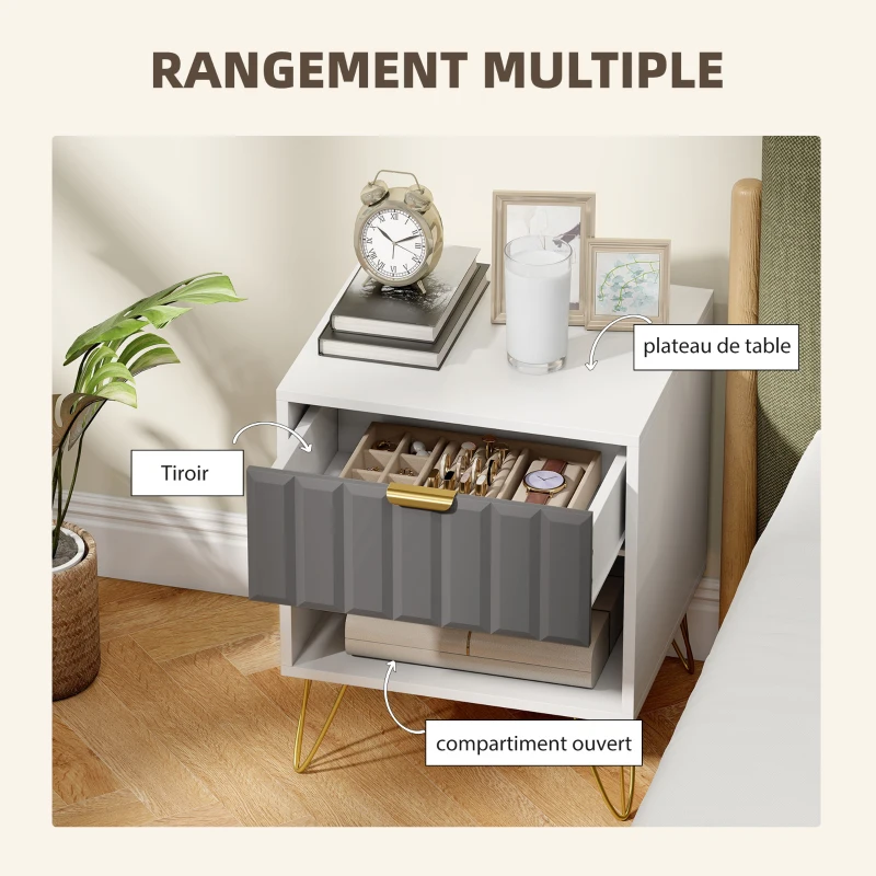 HOMCOM Table de chevet, table d'appoint compartiment ouvert, tiroir et poignée, pieds en acier, 45 x 40 x 55, blanc