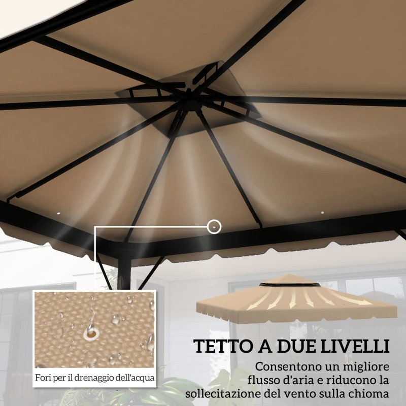 Outsunny Tetto per Gazebo 3x3 m a 2 Livelli con 8 Fori di Drenaggio in Poliestere Cachi