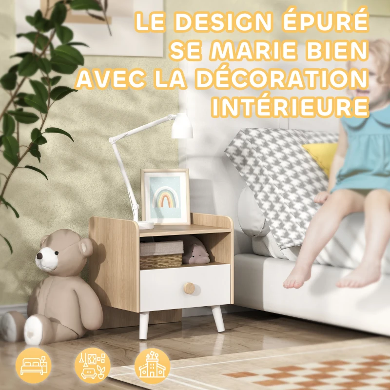 AIYAPLAY Table de chevet enfant table de nuit enfant avec tiroir et niche, petite table d'appoint en bois pour chambre d'enfant
