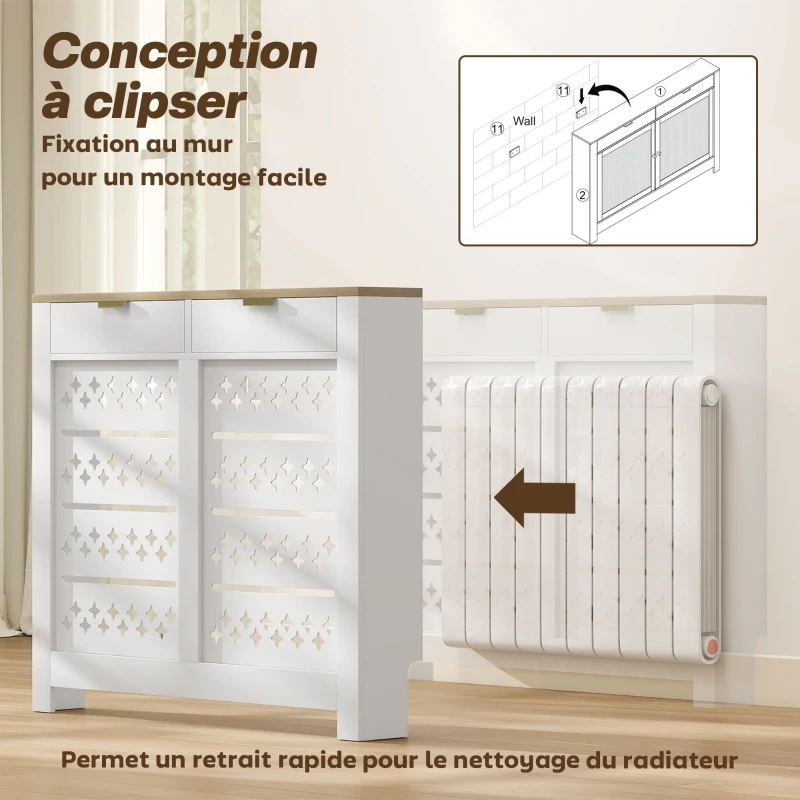 HOMCOM Couvercle de radiateur, cache radiateur avec placard rabattable et étagère supérieur, 108 x 19 x 95,5 cm, blanc